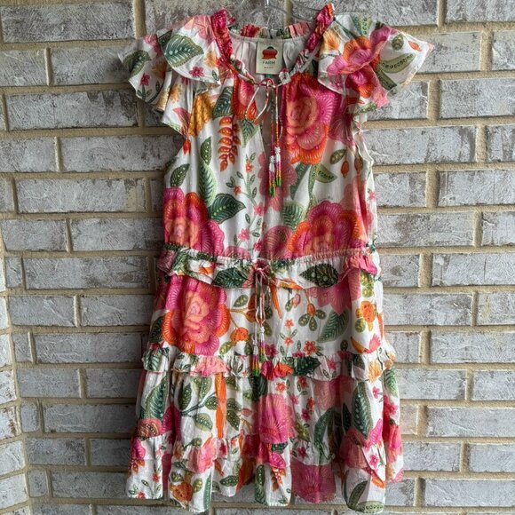 Farm Rio Short Ruffled Sleeve Tie Neck Floral Tiered Dress Woman's Size S - Picture 1 of 10